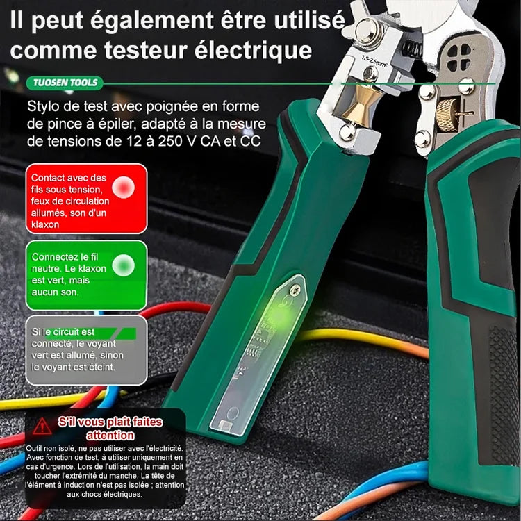 【Zehn in einem】Multifunktionale Spitzzange mit Spannungsprüfer – Elektrischer Stift + Abisolierzange, 2+1 praktische Funktionen