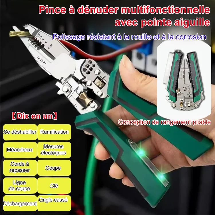 【Zehn in einem】Multifunktionale Spitzzange mit Spannungsprüfer – Elektrischer Stift + Abisolierzange, 2+1 praktische Funktionen 